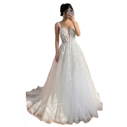 Luxury White Lace Spaghetti Strap 3D Floral A-Line Wedding Dress HA2545 SERENE HILL