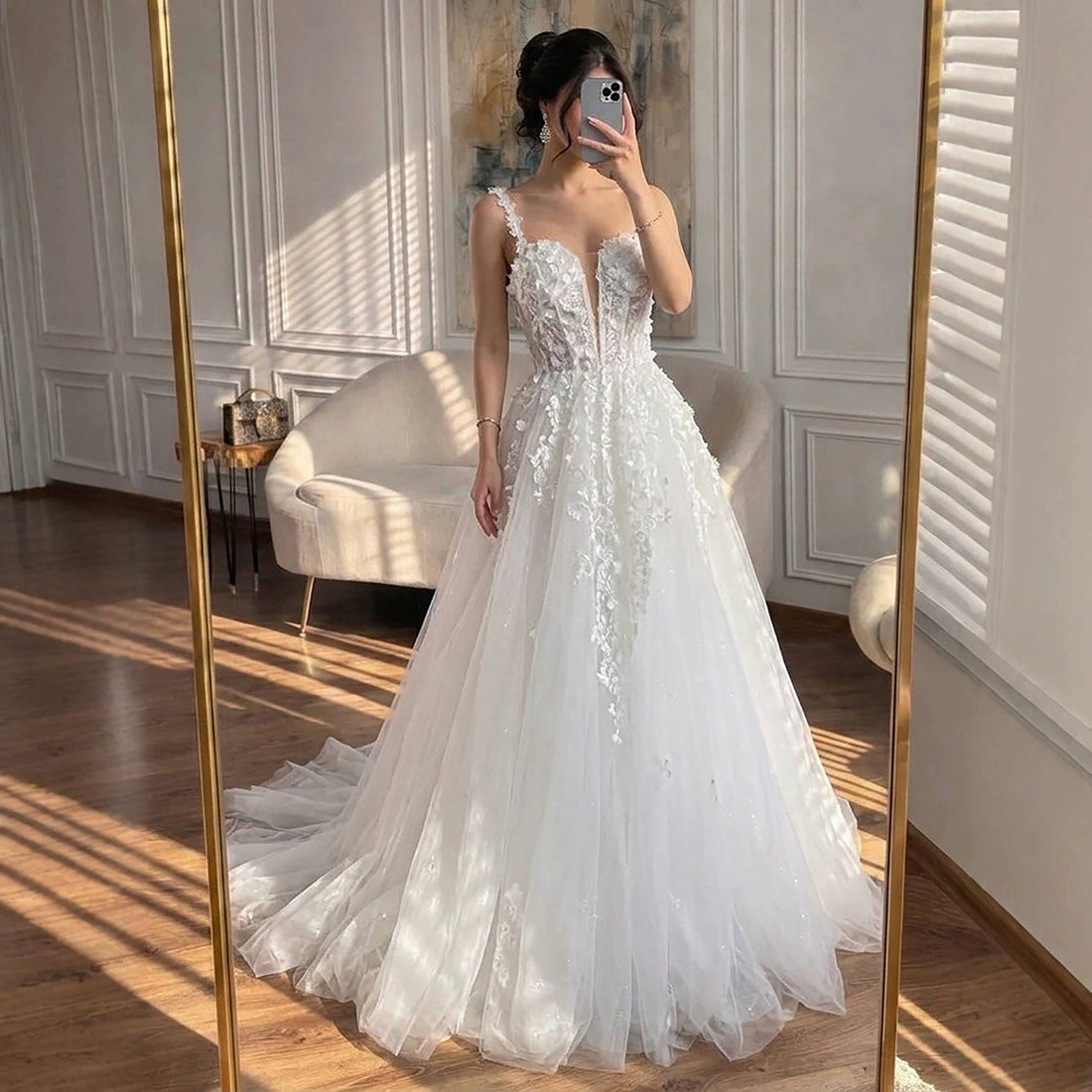 Luxury White Lace Spaghetti Strap 3D Floral A-Line Wedding Dress HA2545 SERENE HILL