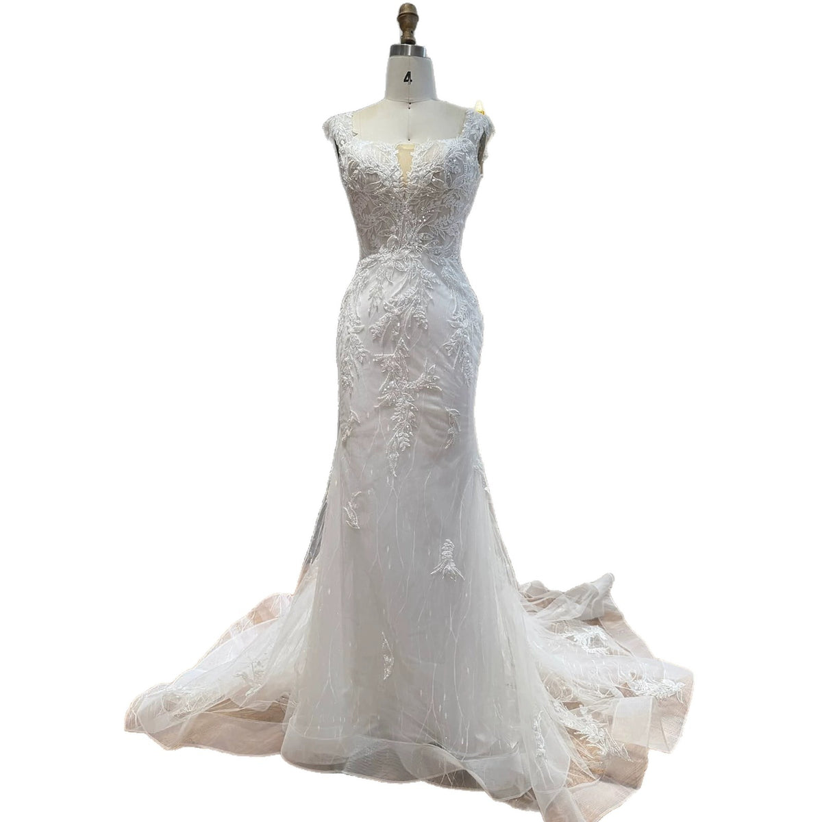 White Beaded Lace Cap Sleeve Mermaid Wedding Dress HA2558