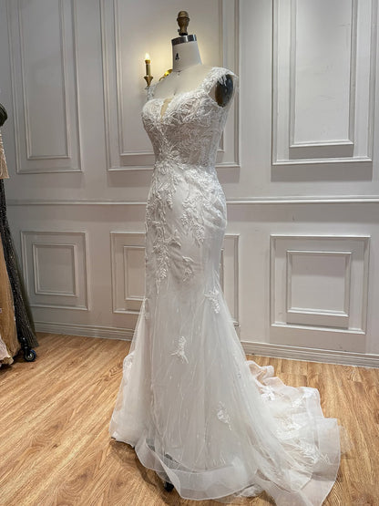 White Beaded Lace Cap Sleeve Mermaid Wedding Dress HA2558
