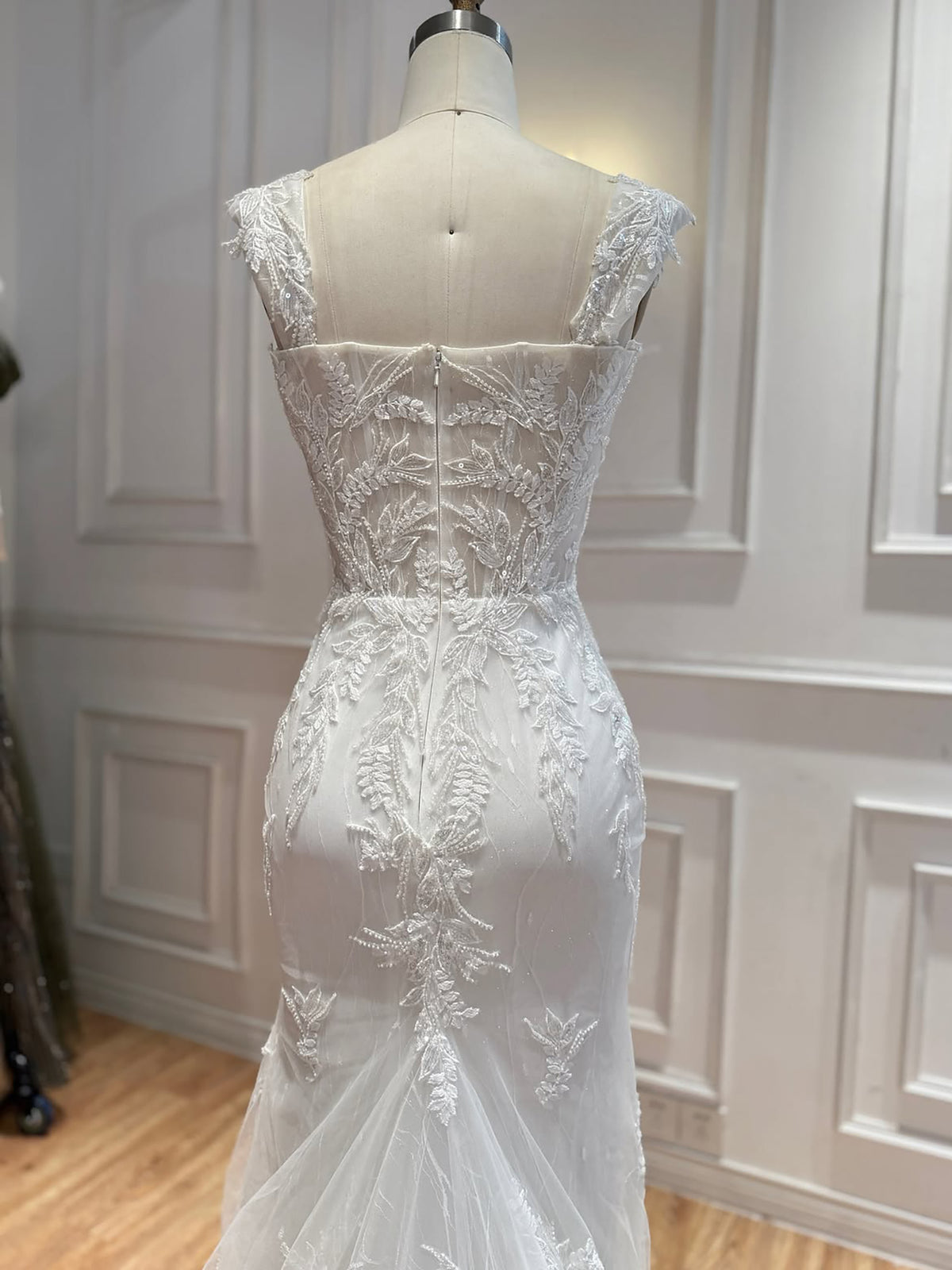 White Beaded Lace Cap Sleeve Mermaid Wedding Dress HA2558