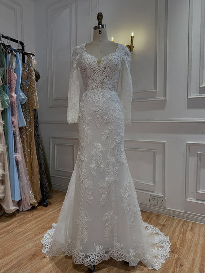 Elegant White Floral Lace Long Sleeve Mermaid Wedding Dress HA2559