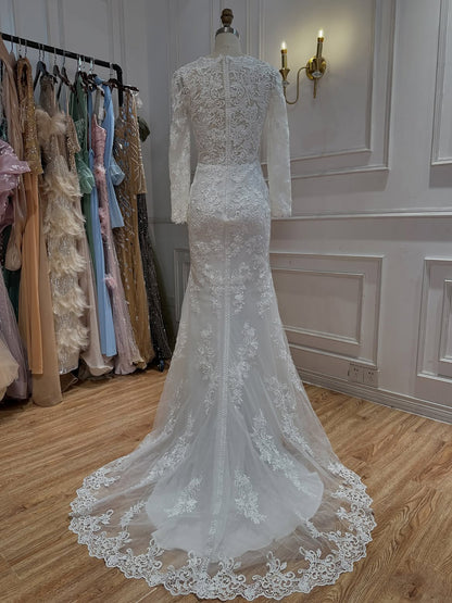 Elegant White Floral Lace Long Sleeve Mermaid Wedding Dress HA2559