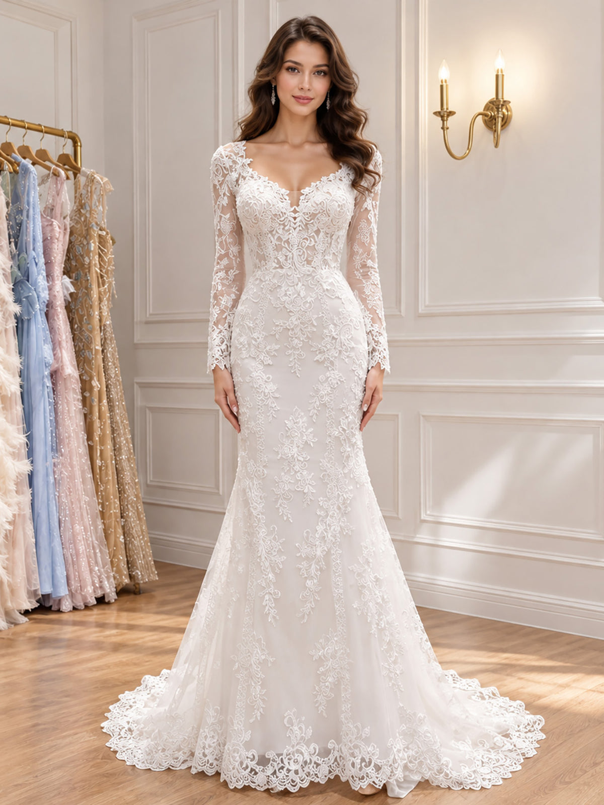 Elegant White Floral Lace Long Sleeve Mermaid Wedding Dress HA2559