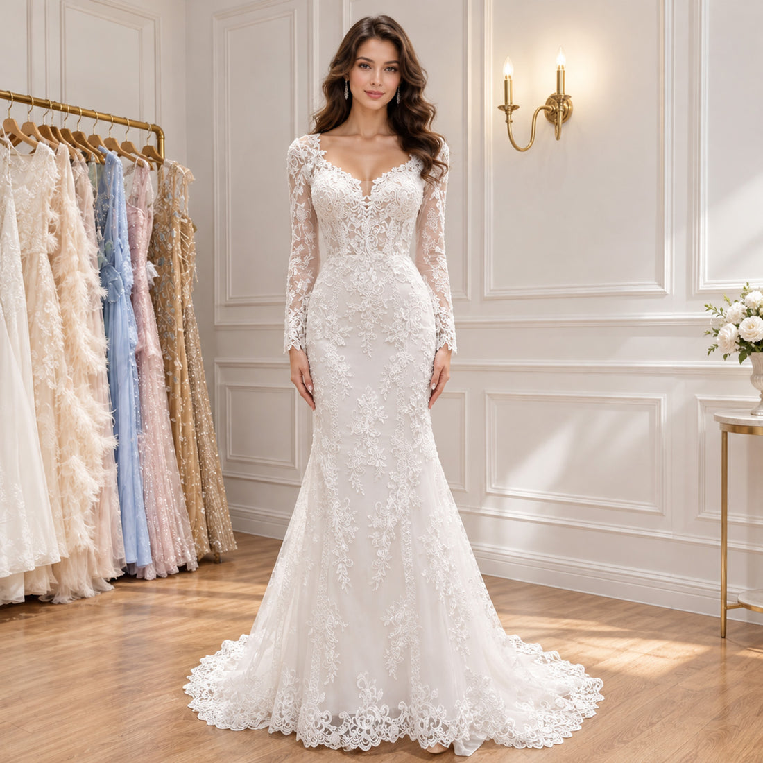 Elegant White Floral Lace Long Sleeve Mermaid Wedding Dress HA2559