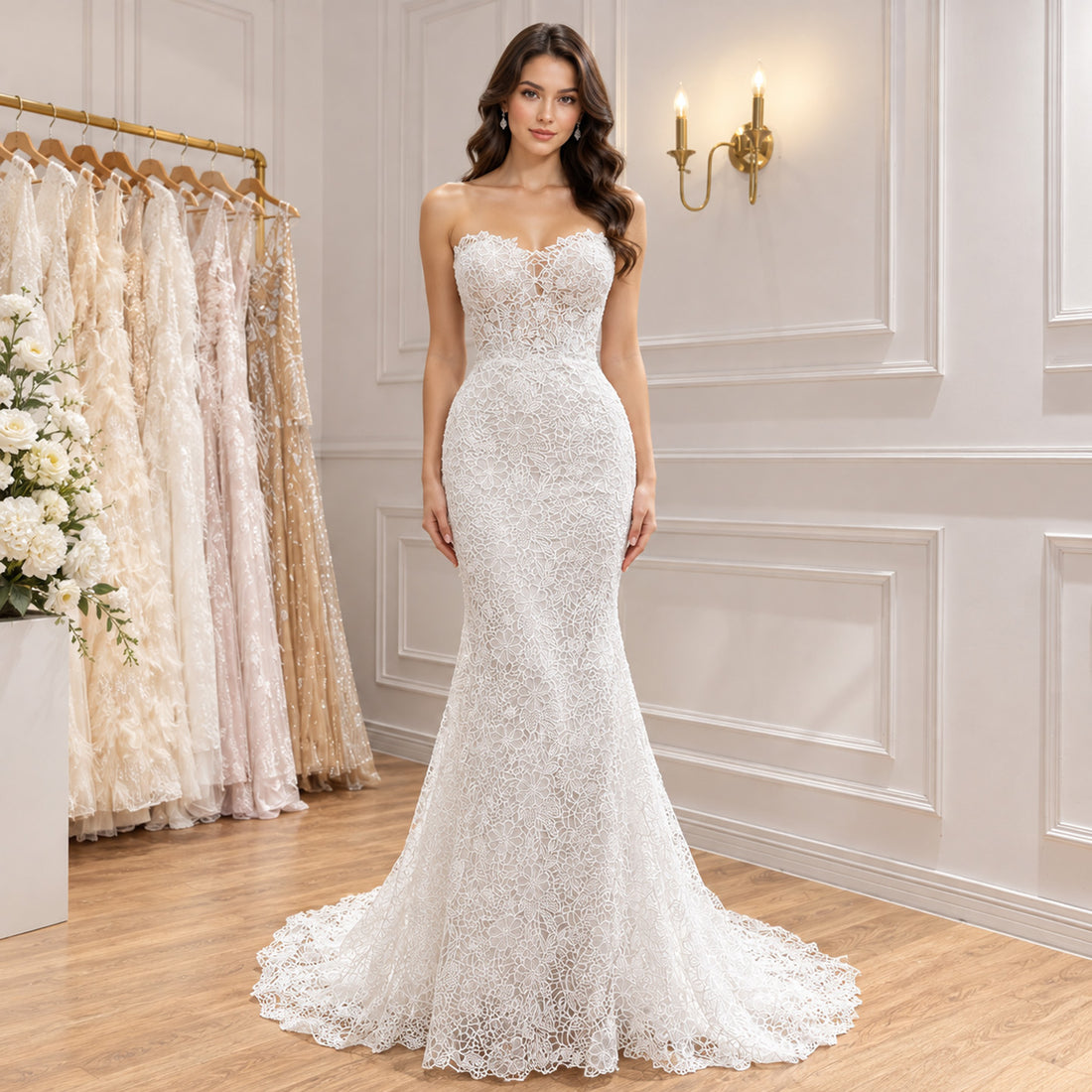 Elegant White Strapless Lace Mermaid Wedding Dress HA2560