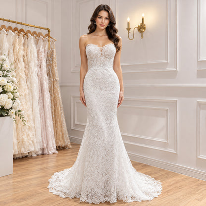 Elegant White Strapless Lace Mermaid Wedding Dress HA2560