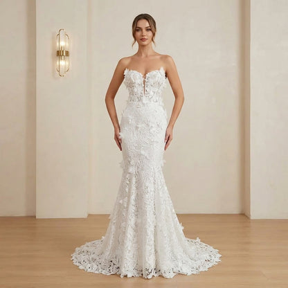 Luxury White 3D Floral Lace Mermaid Wedding Dress HA2561