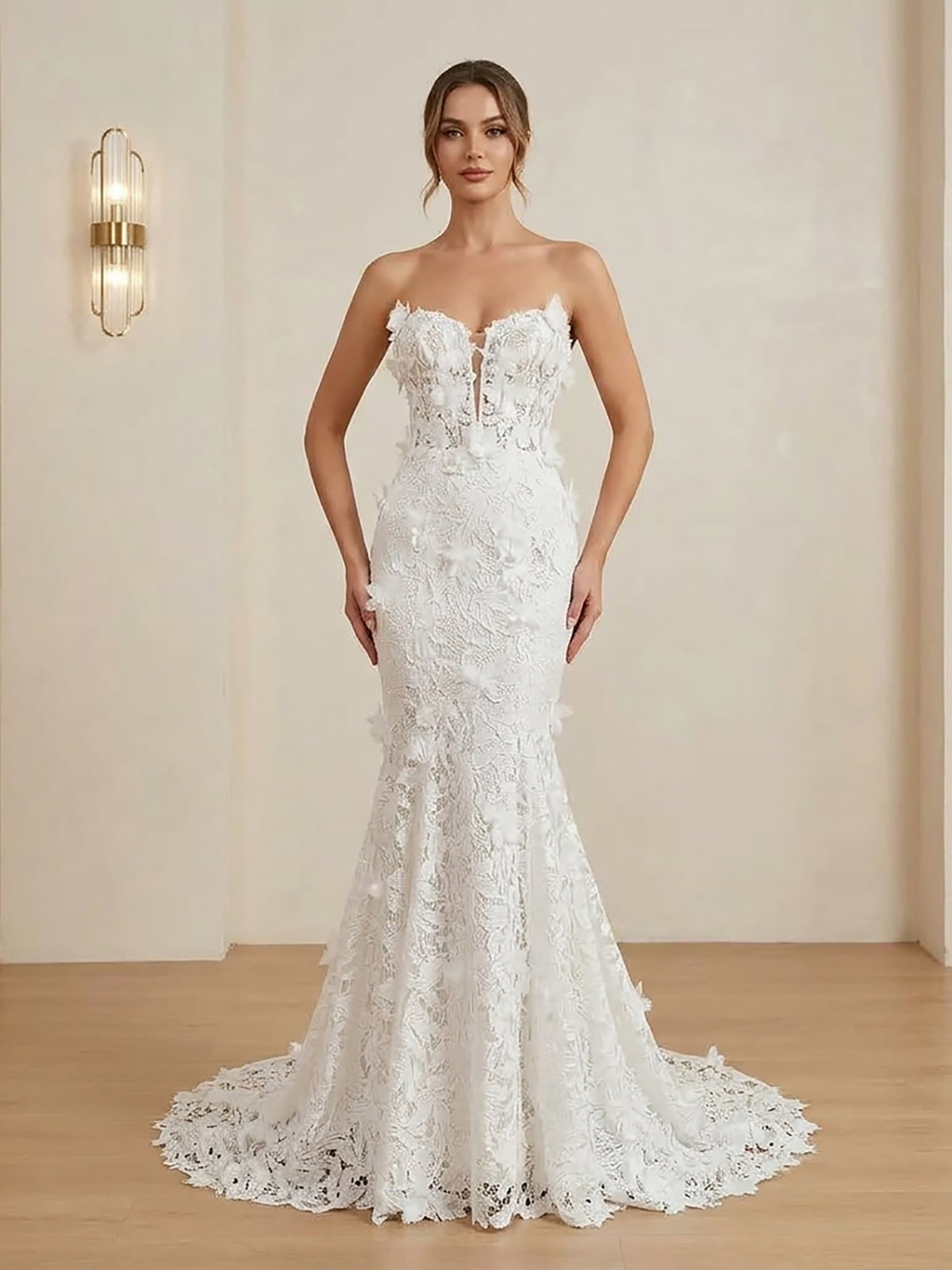 Luxury White 3D Floral Lace Mermaid Wedding Dress HA2561