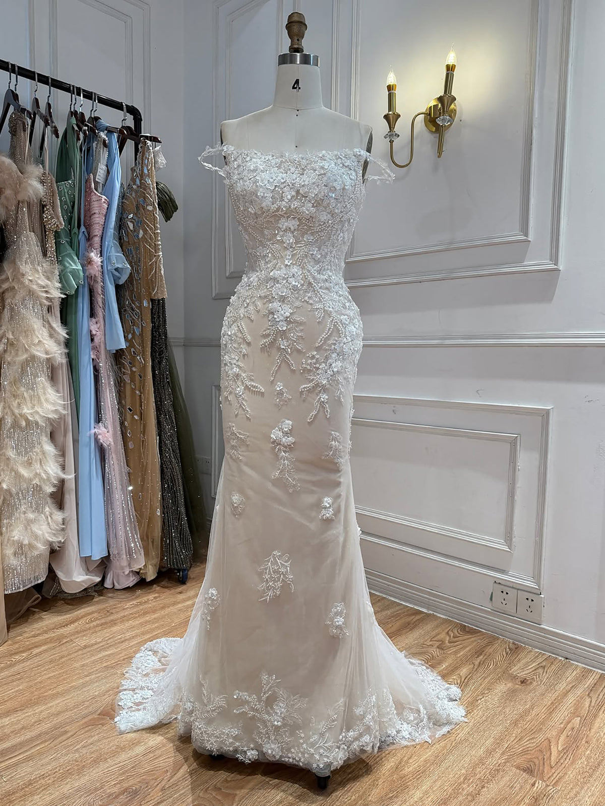 White Nude Lace Beaded Floral Mermaid Wedding Dress HA2562
