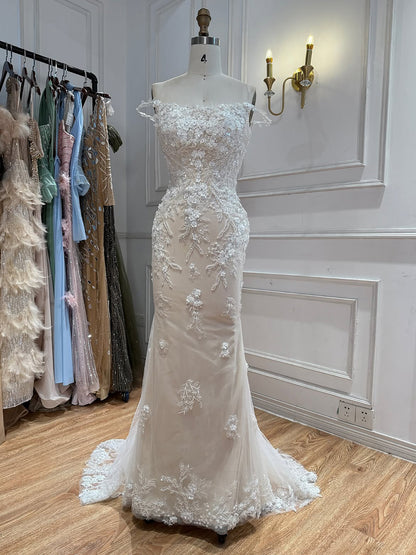 White Nude Lace Beaded Floral Mermaid Wedding Dress HA2562