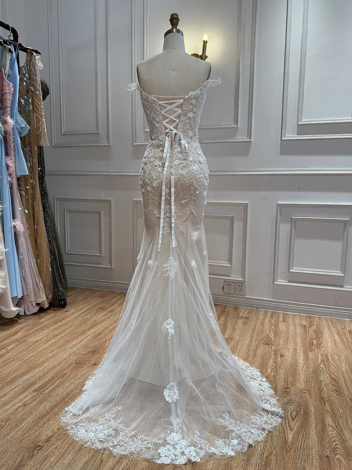 White Nude Lace Beaded Floral Mermaid Wedding Dress HA2562