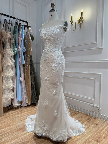 White Nude Lace Beaded Floral Mermaid Wedding Dress HA2562