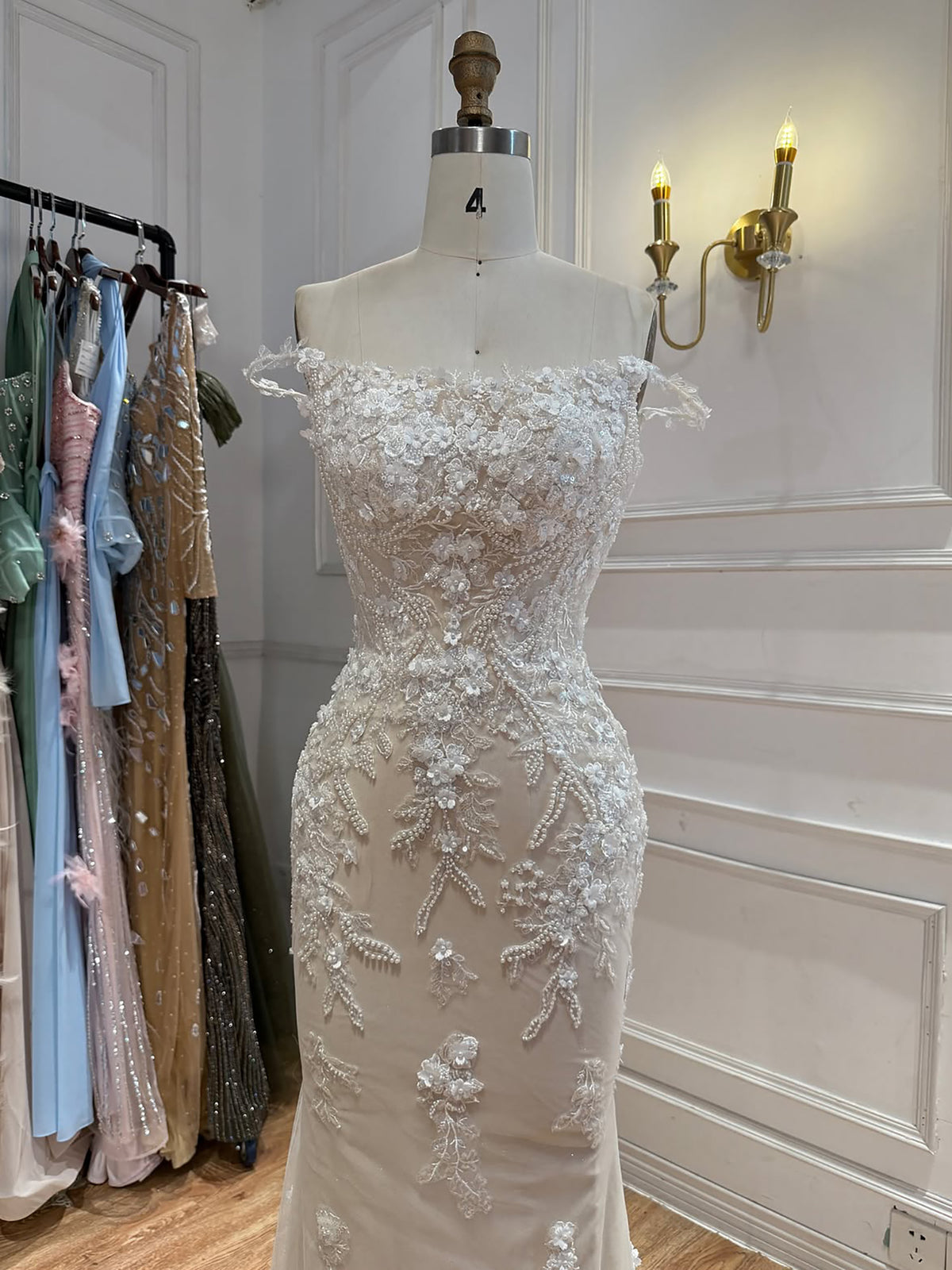 White Nude Lace Beaded Floral Mermaid Wedding Dress HA2562