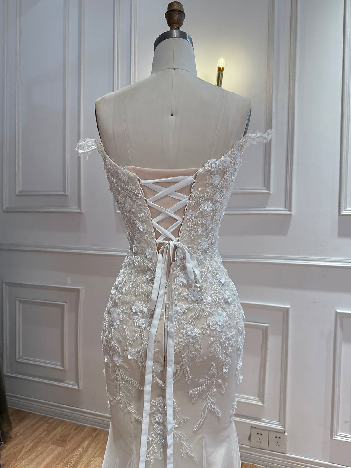 White Nude Lace Beaded Floral Mermaid Wedding Dress HA2562