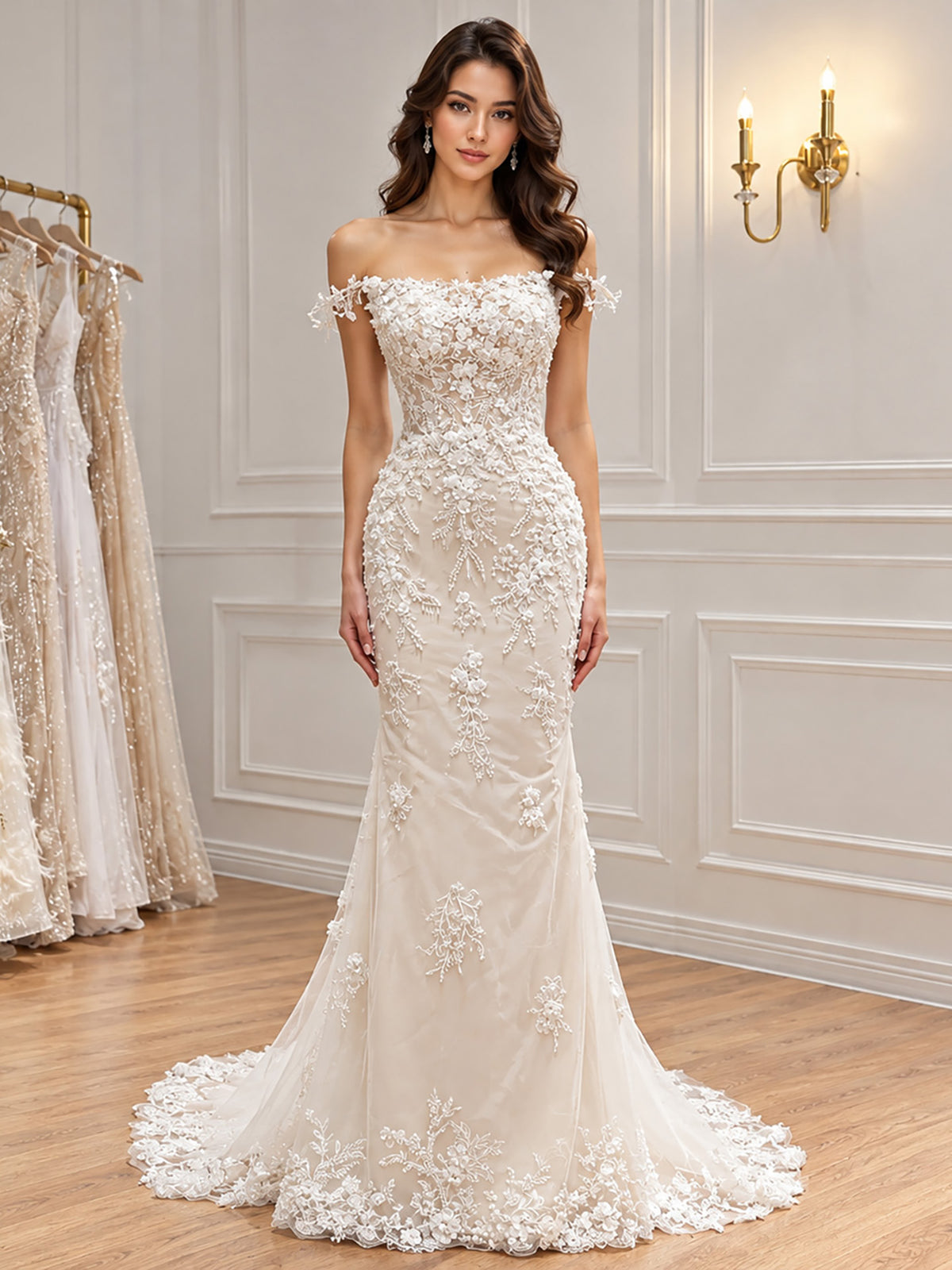 White Nude Lace Beaded Floral Mermaid Wedding Dress HA2562