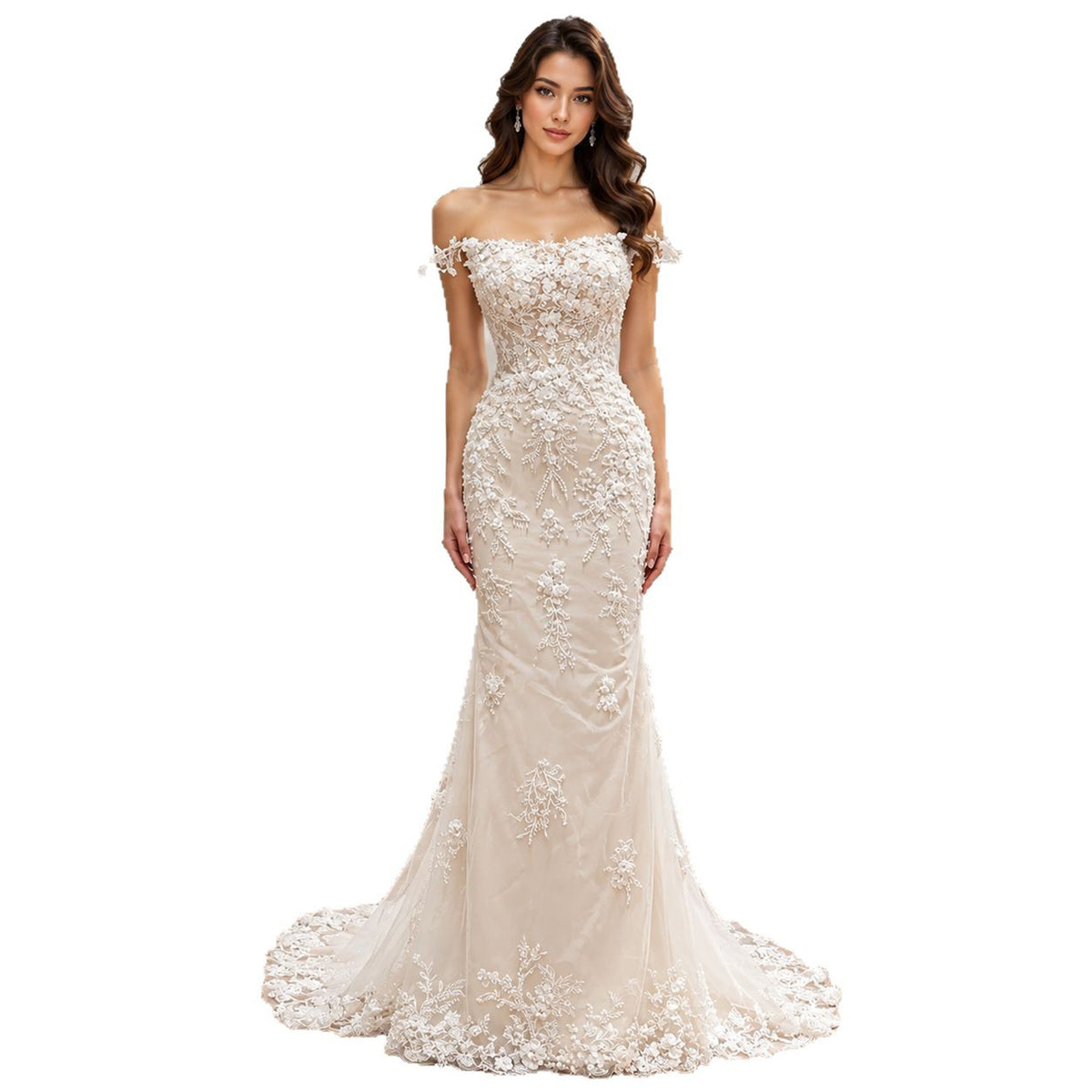 White Nude Lace Beaded Floral Mermaid Wedding Dress HA2562