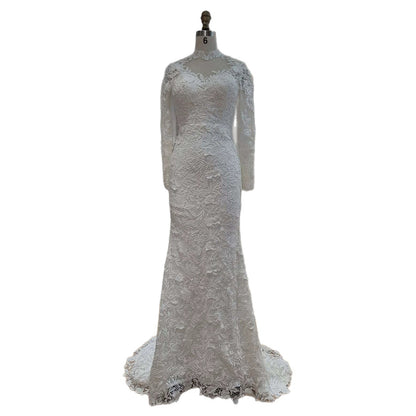 White High Neck Long Sleeve Lace Mermaid Bridal Gown HA2563