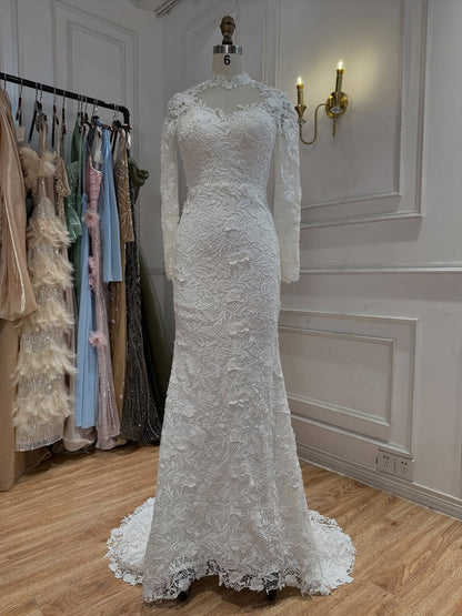 White High Neck Long Sleeve Lace Mermaid Bridal Gown HA2563