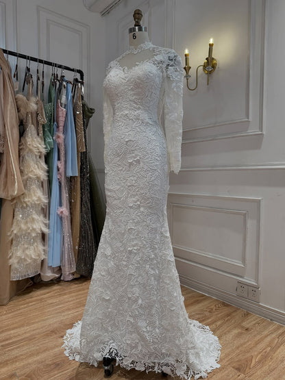 White High Neck Long Sleeve Lace Mermaid Bridal Gown HA2563