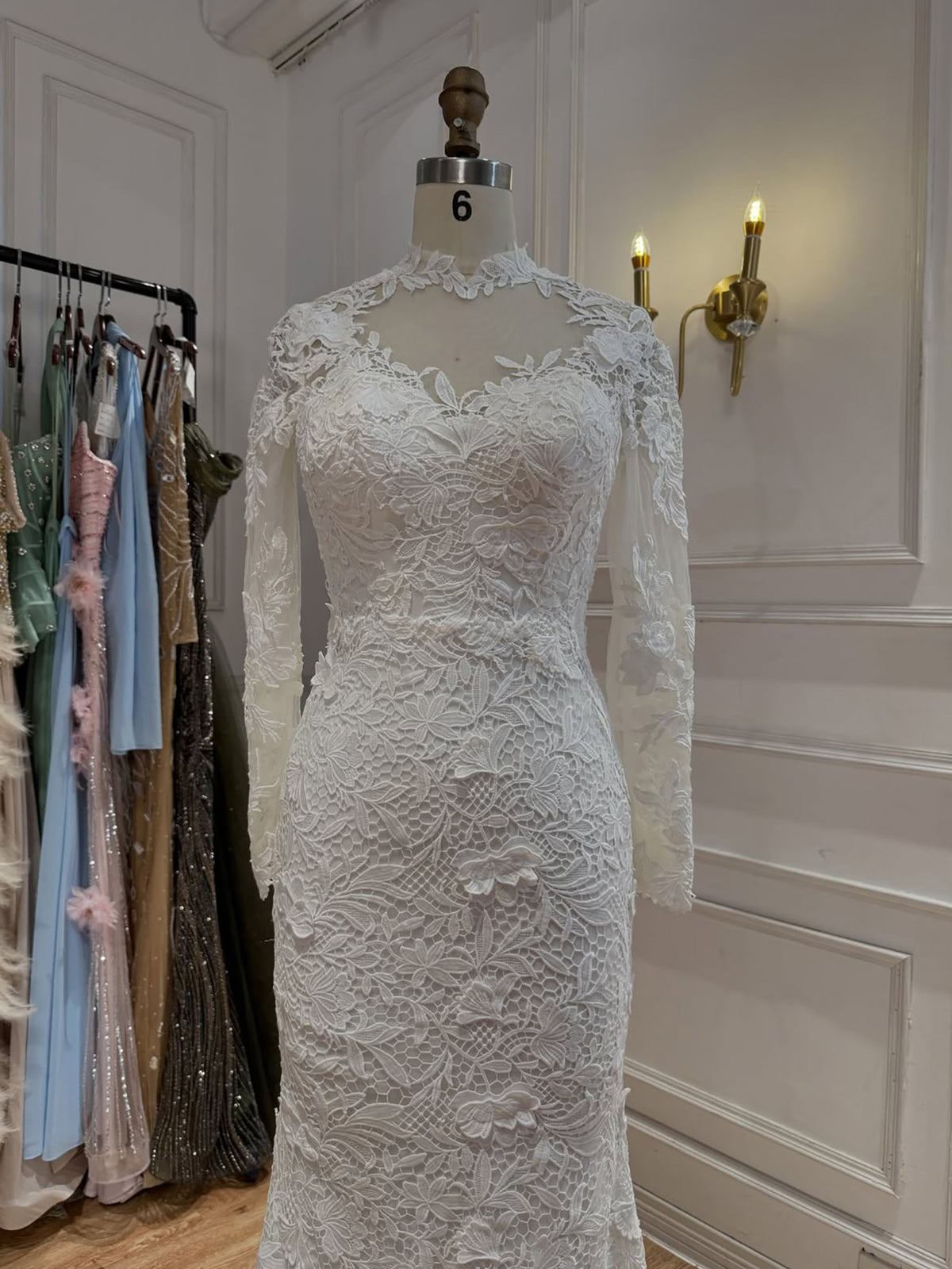 White High Neck Long Sleeve Lace Mermaid Bridal Gown HA2563