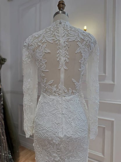 White High Neck Long Sleeve Lace Mermaid Bridal Gown HA2563