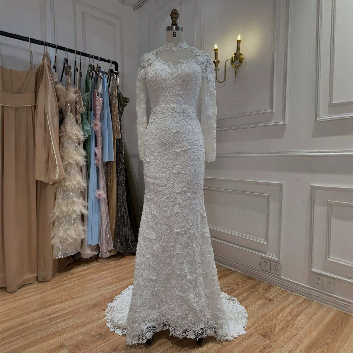 White High Neck Long Sleeve Lace Mermaid Bridal Gown HA2563
