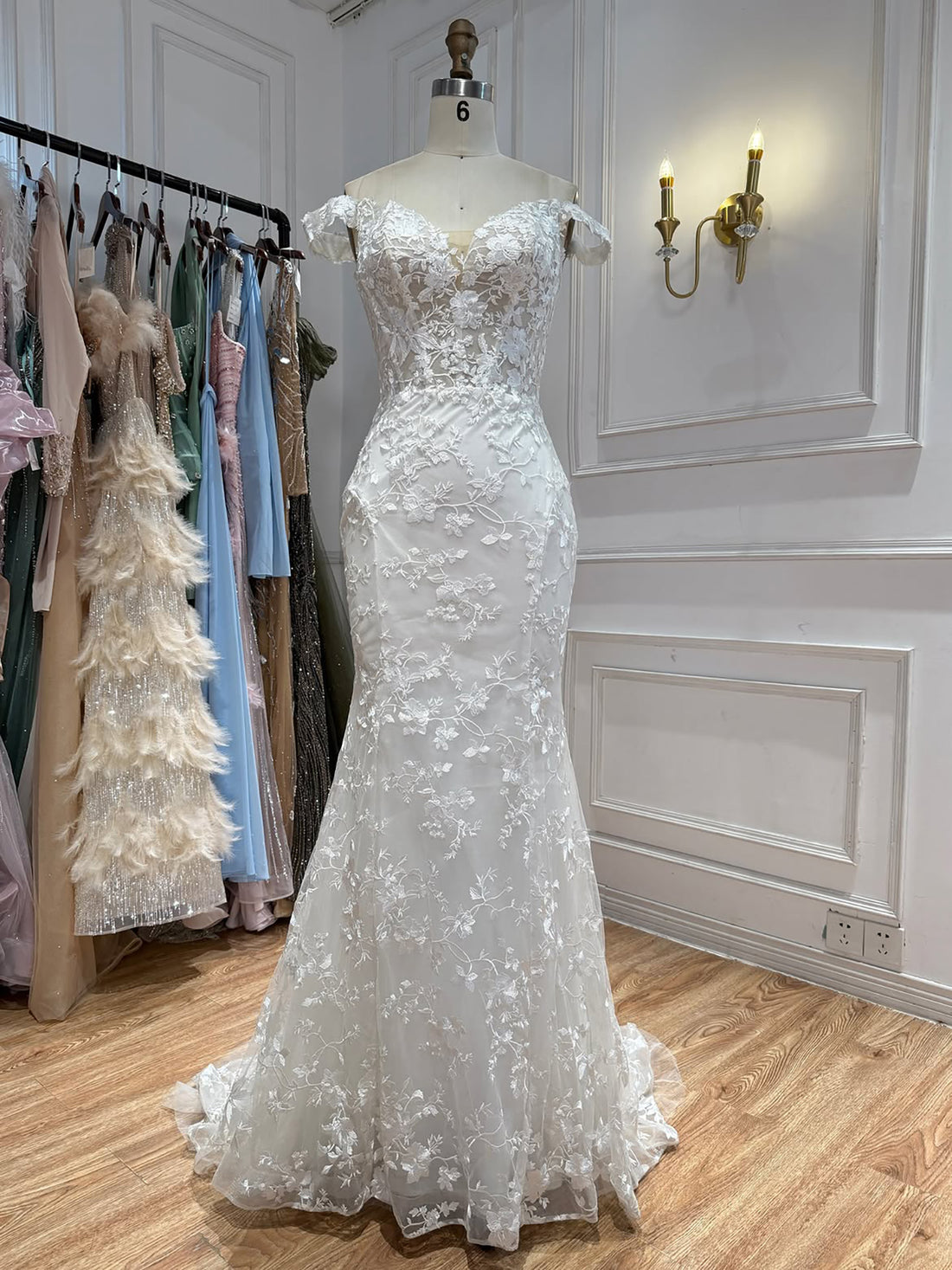 Elegant White Lace Off Shoulder Mermaid Wedding Dress HA2564