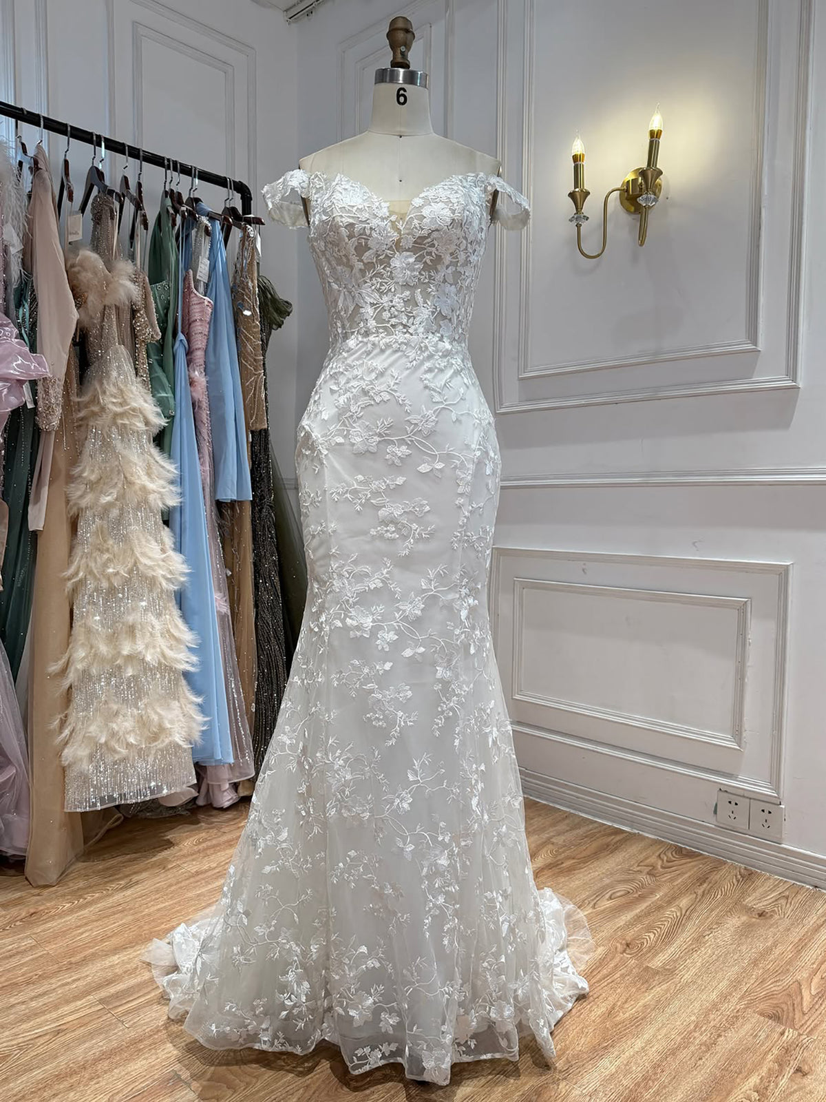 Elegant White Lace Off Shoulder Mermaid Wedding Dress HA2564