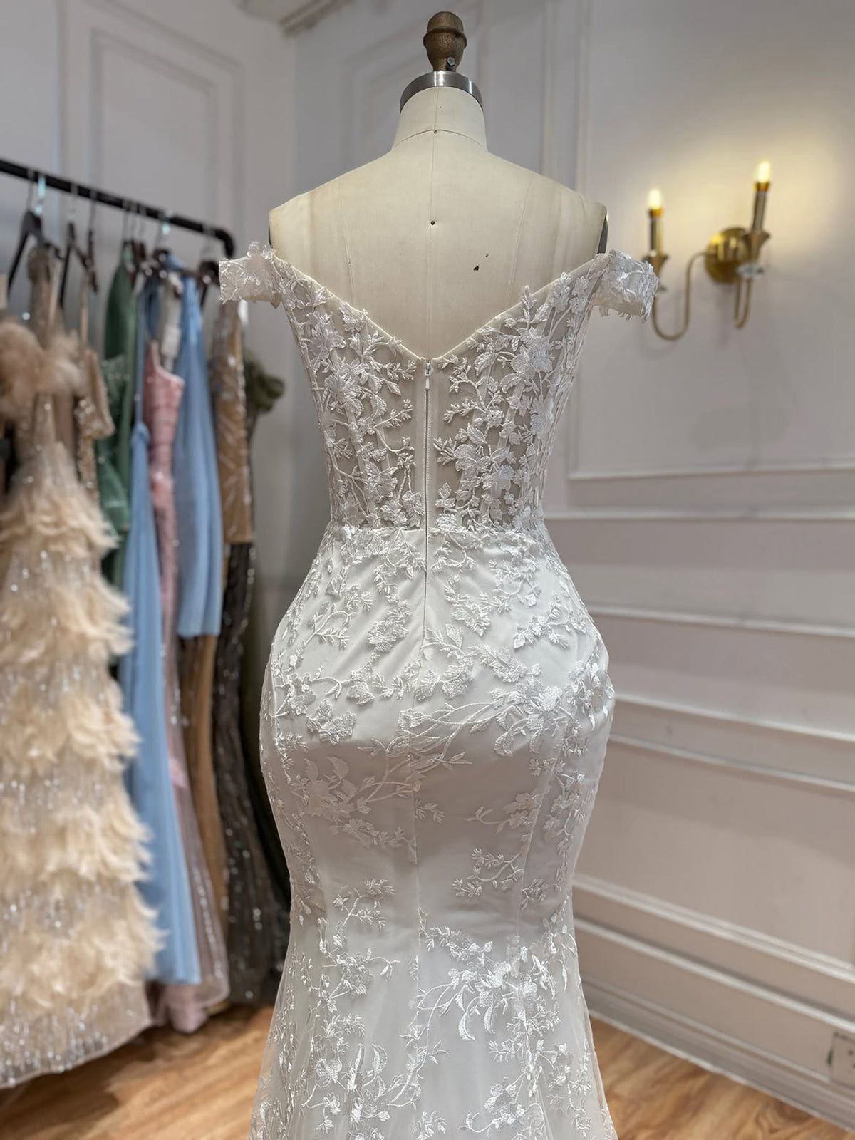 Elegant White Lace Off Shoulder Mermaid Wedding Dress HA2564