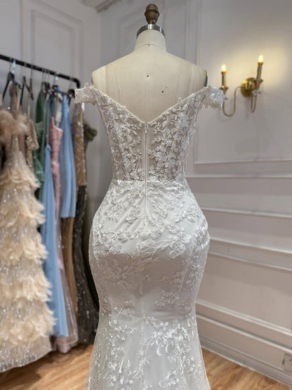 Elegant White Lace Off Shoulder Mermaid Wedding Dress HA2564