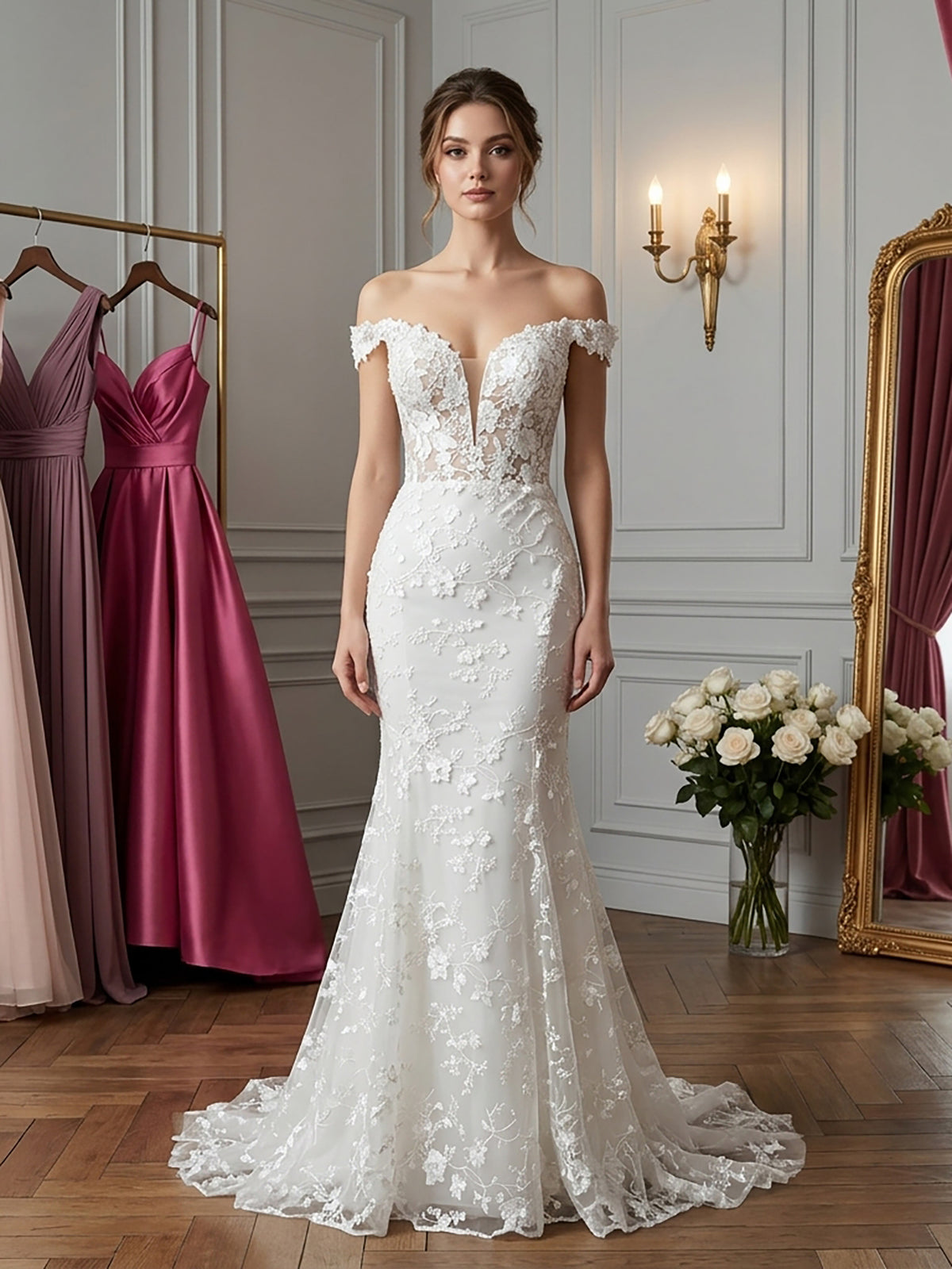 Elegant White Lace Off Shoulder Mermaid Wedding Dress HA2564