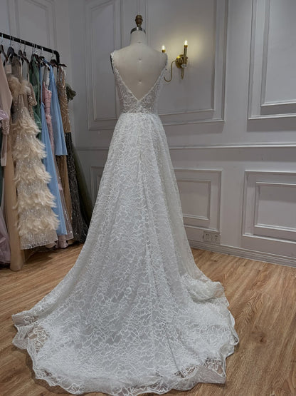 Luxury White Lace Spaghetti Strap A Line Wedding Dress HA2565