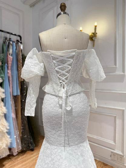 Vintage White Lace Mermaid Wedding Dress With Puff Sleeves HA2570
