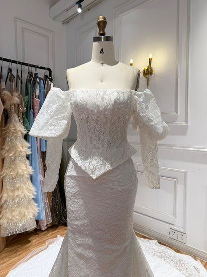 Vintage White Lace Mermaid Wedding Dress With Puff Sleeves HA2570