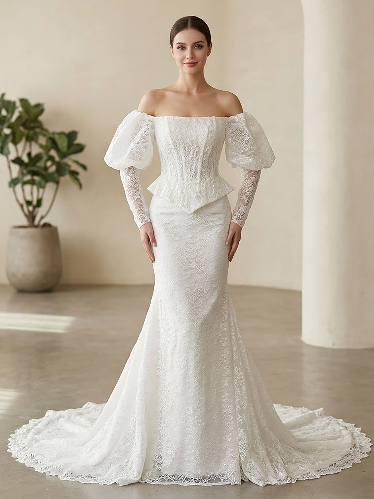 Vintage White Lace Mermaid Wedding Dress With Puff Sleeves HA2570