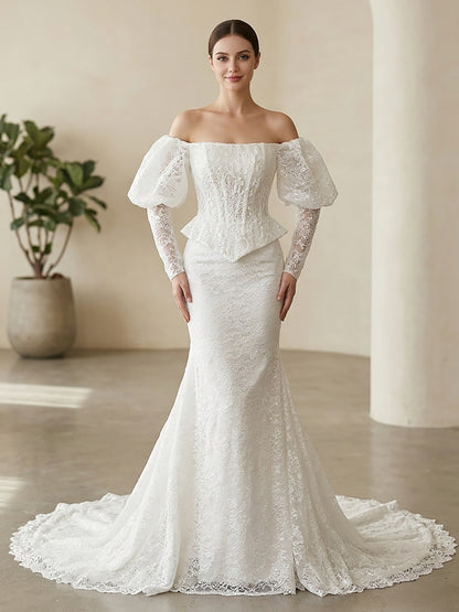 Vintage White Lace Mermaid Wedding Dress With Puff Sleeves HA2570
