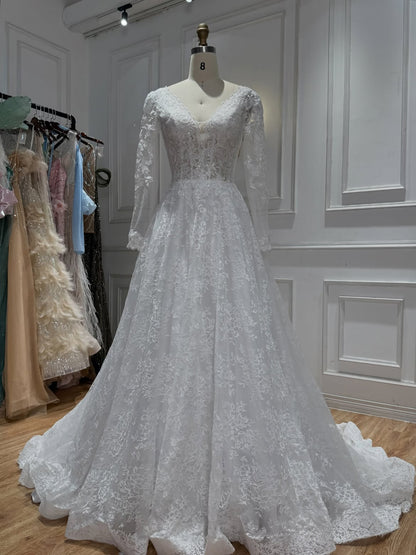 Elegant White Lace Long Sleeve V Neck Wedding Dress HA2581