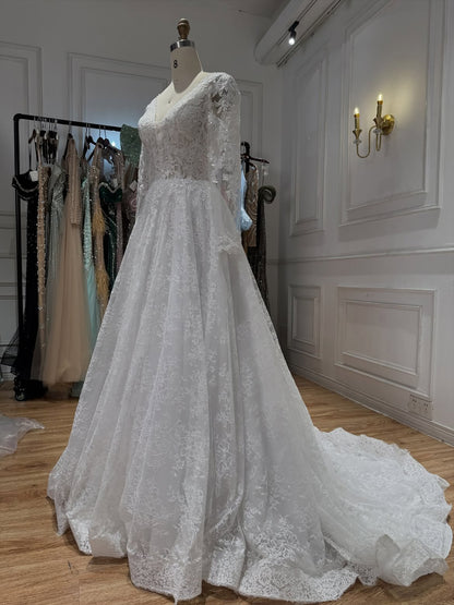 Elegant White Lace Long Sleeve V Neck Wedding Dress HA2581