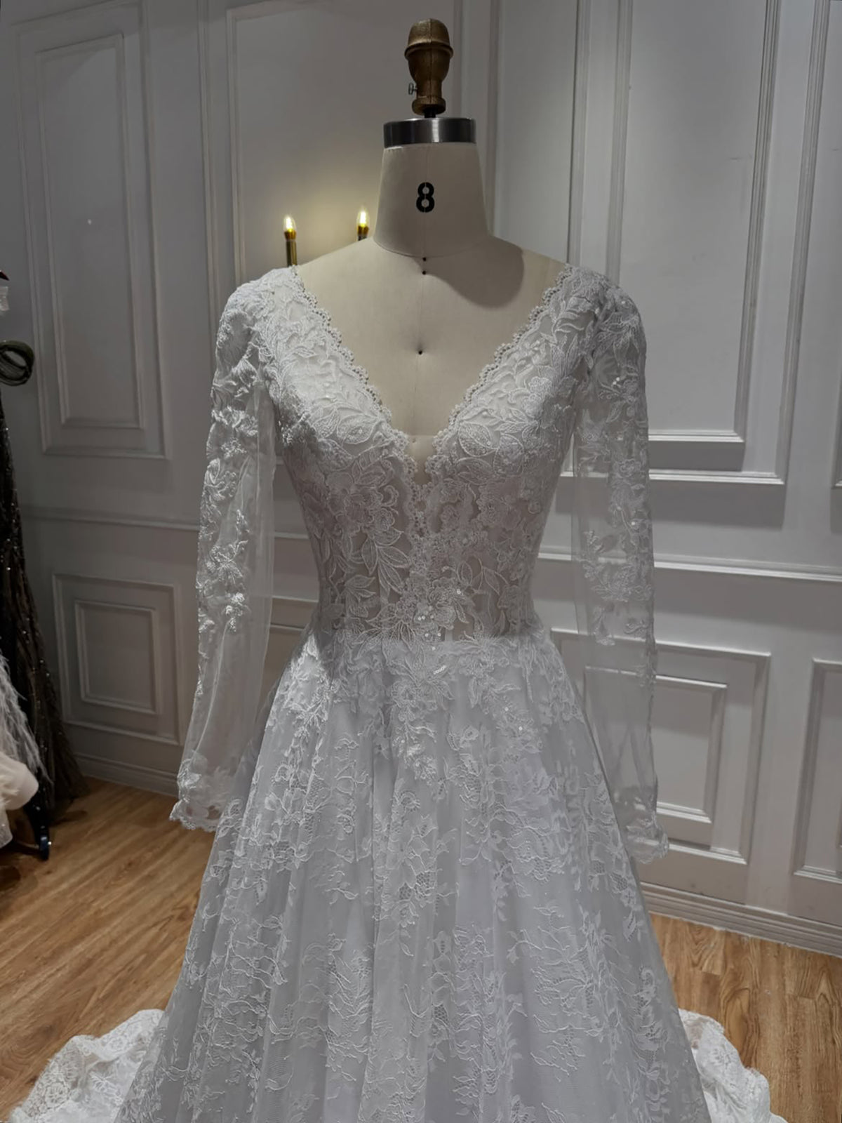 Elegant White Lace Long Sleeve V Neck Wedding Dress HA2581