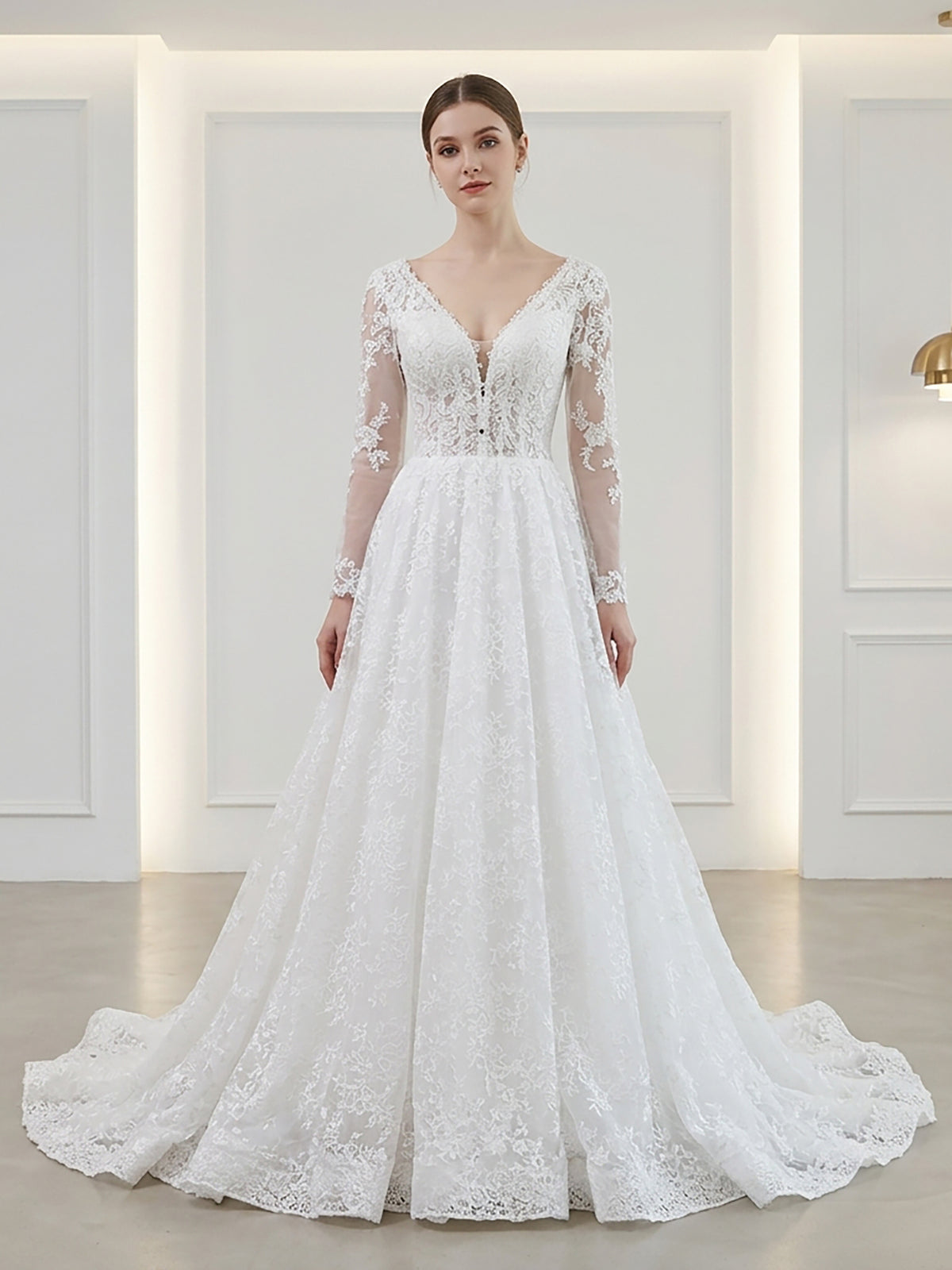Elegant White Lace Long Sleeve V Neck Wedding Dress HA2581