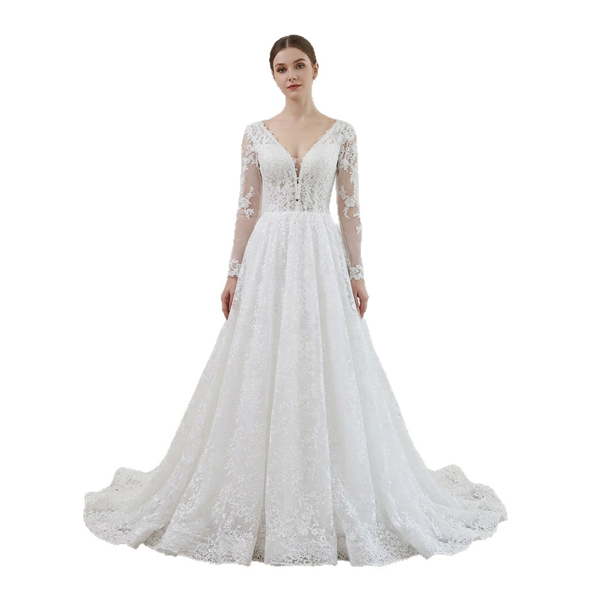 Elegant White Lace Long Sleeve V Neck Wedding Dress HA2581