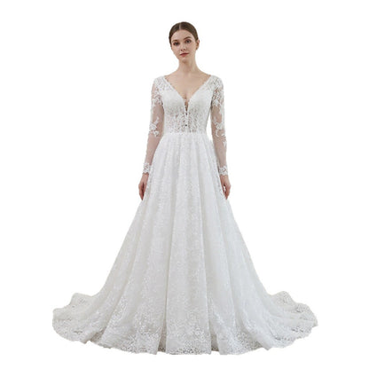 Elegant White Lace Long Sleeve V Neck Wedding Dress HA2581