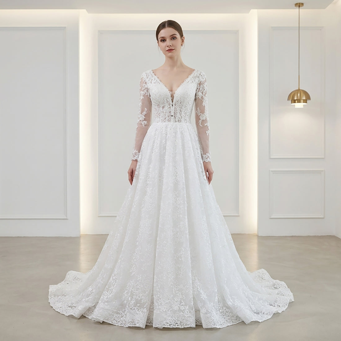 Elegant White Lace Long Sleeve V Neck Wedding Dress HA2581