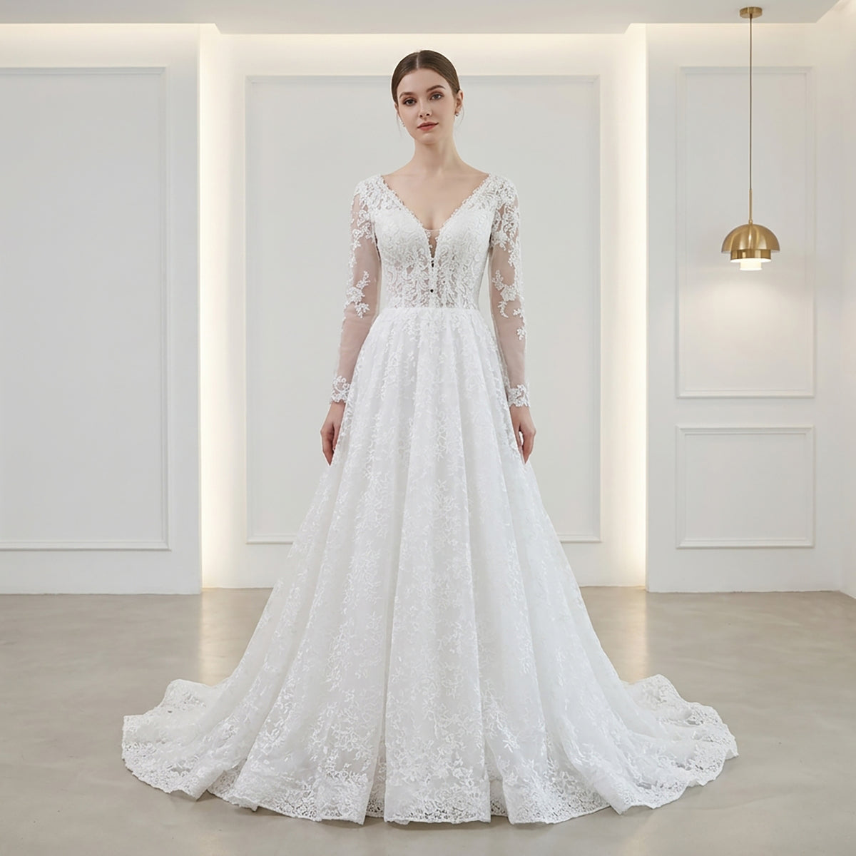 Elegant White Lace Long Sleeve V Neck Wedding Dress HA2581