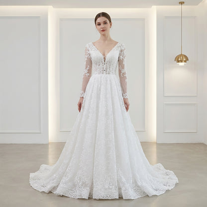 Elegant White Lace Long Sleeve V Neck Wedding Dress HA2581