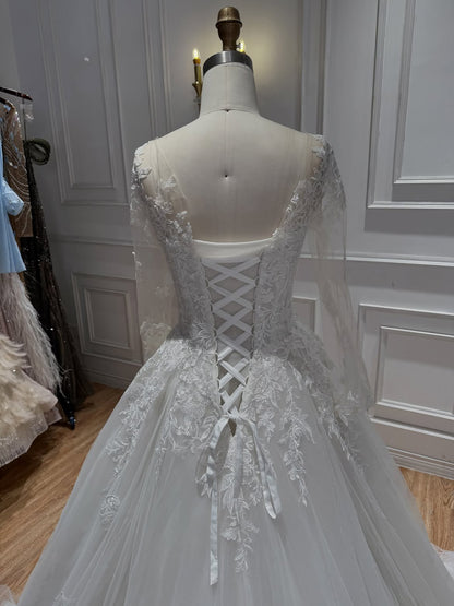 Romantic White Lace Long Sleeve Ball Gown Wedding Dress HA2582