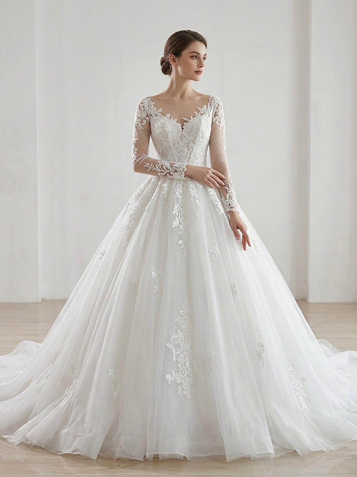 Romantic White Lace Long Sleeve Ball Gown Wedding Dress HA2582