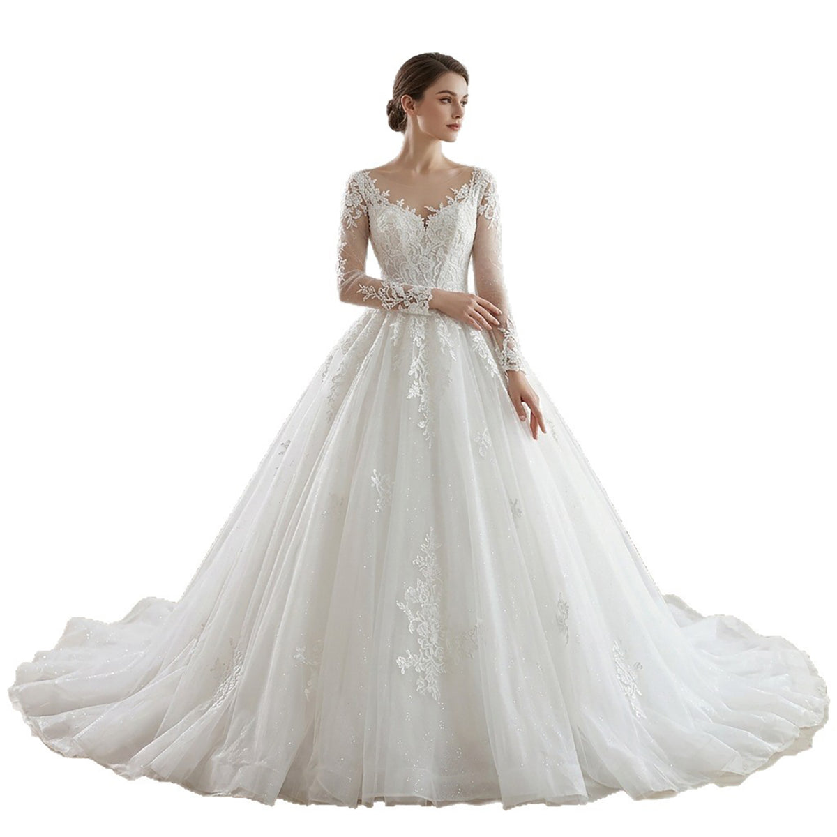 Romantic White Lace Long Sleeve Ball Gown Wedding Dress HA2582