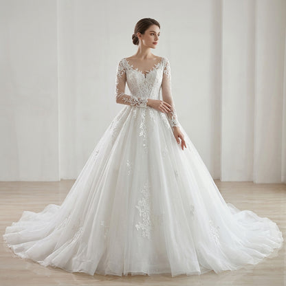 Romantic White Lace Long Sleeve Ball Gown Wedding Dress HA2582